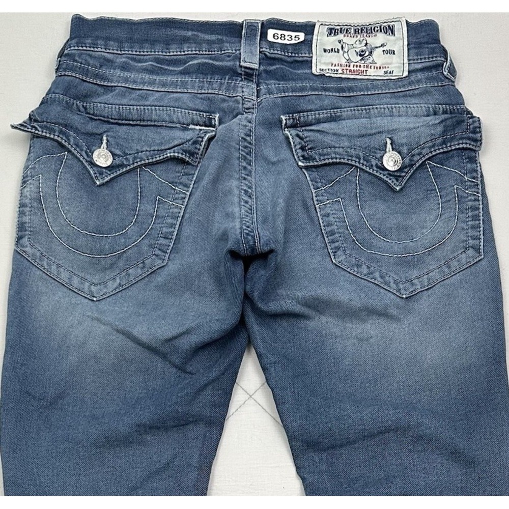 True Religion Straight Jeans Mens 28x28 Flap Pockets Blue Chopper Stretch Denim